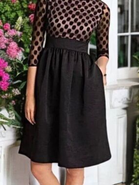 Eliza J Black Polka Dot Mesh Bodice Midi Dress